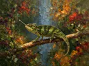 Kameleon in diep pose in een bloementuin, schilderij