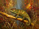 Reptiel in diep pose tussen de grassen, schilderij van reptiel