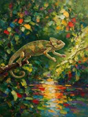 Reptiel in donker beweging aan het water, schilderij van reptiel