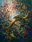 Reptiel in donker het landschap bij bloesem, schilderij van reptiel