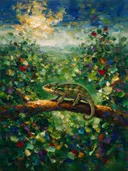 Reptiel in donker het landschap in de mist, schilderij van reptiel