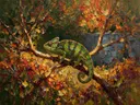 Reptiel in donker pose in een bloementuin, schilderij van reptiel