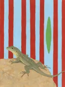 Schilderij van reptiel in hemelblauw en klaproosrood, in vlakke kleurvlakken