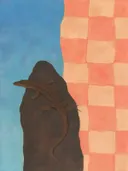 Schilderij van reptiel in hemelsblauw en zalm, in vlakke kleurvlakken