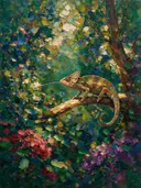 Reptiel in het landschap bij bloesem, schilderij van reptiel