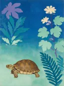 Schilderij van reptiel in koele kleuren bij elkaar, in vlakke kleurvlakken