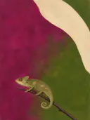 Schilderij van reptiel in magenta en olijfgroen, in vlakke kleurvlakken