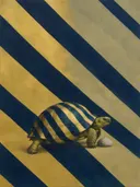 Reptiel in nachtblauw en goud, schilderij van reptiel