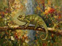 Reptiel in pose in een bloementuin, schilderij van reptiel