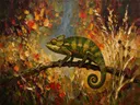 Reptiel in pose tussen de grassen, schilderij van reptiel