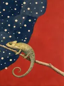Schilderij van reptiel in vermiljoen en indigo, in vlakke kleurvlakken