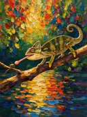 Reptiel in warm beweging aan het water, schilderij van reptiel