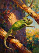Reptiel in warm beweging tegen een muur in de schaduw, schilderij van reptiel
