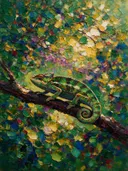 Kameleon in warm het landschap bij bloesem, schilderij