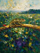 Reptiel in warm het landschap in de mist, schilderij van reptiel