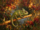 Reptiel in warm pose in een bloementuin, schilderij van reptiel