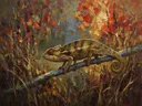 Reptiel in warm pose tussen de grassen, schilderij van reptiel