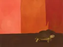 Schilderij van reptiel in warme kleuren bij elkaar, in vlakke kleurvlakken