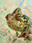 Reptiel portret bij bloesem in amber, schilderij van reptiel portret bij bloesem, met het paletmes geschilderd