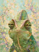 Reptiel portret bij bloesem in goud, schilderij van reptiel portret bij bloesem, met het paletmes geschilderd