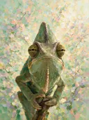 Reptiel portret bij bloesem in oker, schilderij van reptiel portret bij bloesem, met het paletmes geschilderd