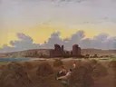 Rest during the hay harvest van Caspar David Friedrich: landschap met hooioogst, ruine, veld en mensen, in warm okergeel