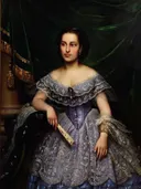 Retrato de Joana Leite Cunha van Petrus van Schendel: portret met vrouw, japon, waaier en gordijn, in lila met groen