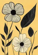 Retro grafisch schilderij van anemonen op gele achtergrond