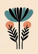 Retro illustratie van een bloem met zonvormen in teal en terracotta