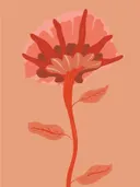 Illustratie van een stilistische rode bloem met bladeren tegen een zachtroze achtergrond.