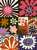 Retro bloemenpatroon mozaïek schilderij, grafische bloemmotieven
