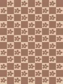 Geblokt patroon met bloemmotieven in roodbruine en beige tinten.