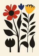 Retro geïllustreerde bloemen in rood, blauw en geel met zwarte bladeren
