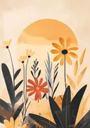 Retro illustratie van bloemen tegen een zonsondergangmotief