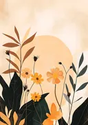 Retro illustratie van oranje bloemen met donkere bladeren