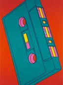 Pop-art schilderij van een turquoise cassettebandje op rode achtergrond