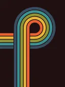 Retro grafisch schilderij met golvende regenboogstrepen op zwart