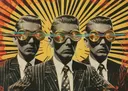 Pop-art illustratie van drie mannen in pak met gouden ronde brillen voor een geel-zwarte zonnestraal achtergrond