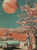 Surrealistisch schilderij met vintage auto en vrouw onder bloesemboom