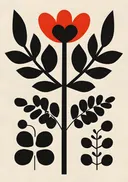 Retro illustratie van een rode bloem met zwarte bladeren en bessen
