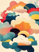 Retro abstract schilderij met wolken en zonsondergang