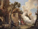 Return of Astrea van Salvator Rosa: landschap met ruine, boom, wolken en figuren, in warm bruin en wit