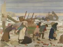 Returning to the Reconquered Land van George Clausen: figuren met mensen, handkar, puin en sneeuw, in gedempt grijsblauw