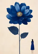 Surrealistisch schilderij van een reusachtige blauwe lotusbloem