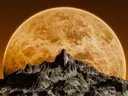 Grote gloeiende planeet die opkomt achter een rotsachtige bergtop.