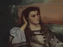 Rêverie (Portrait of Gabrielle Borreau) van Gustave Courbet: portret met vrouw, mijmeren, avondlicht en kant, in donkerbruin en oranje
