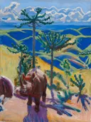 Rhinoceros and Euphorbia trees van Akseli Gallen-Kallela: dieren met neushoorn, bomen, savanne en meer, in bont blauw en groen