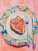 Schilderij van een ribeye steak op een bloemenbord met vork en mes.