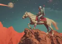 Illustratie van een ridder in ruimtepak op een wit paard op een rood marslandschap met sterrenhemel en maan