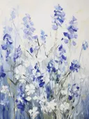 Schilderij van een veld met blauwe, paarse en witte ridderspoorbloemen.